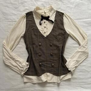 Axes Femme Brown & cream plaid vest prestyled top with bow tie ruffled blouse